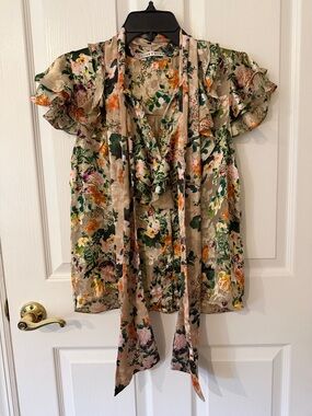Alice + Olivia Jeannie Floral Tie-Neck Blouse with Ruffle Sleeves